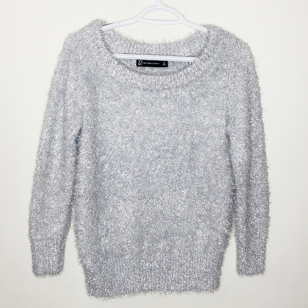 New York & Company silver fuzzy tinsel sweater size S